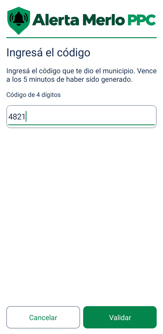 Pantalla Ingresá el código que te dio el municipio, con el código escrito y los botones Cancelar y Validar