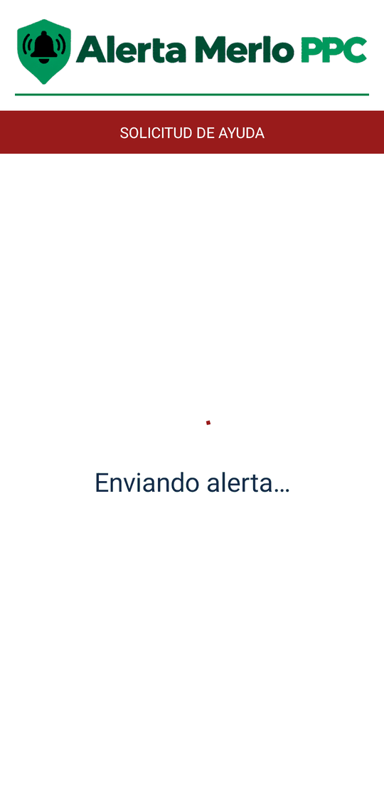 Pantalla con la franja SOLICITUD DE AYUDA y el mensaje Enviando alerta