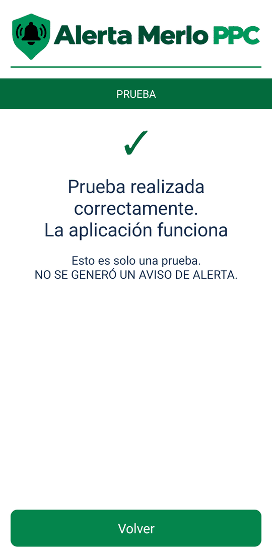 Pantalla PRUEBA: Prueba realizada correctamente. La aplicación funciona. NO SE GENERÓ UN AVISO DE ALERTA.