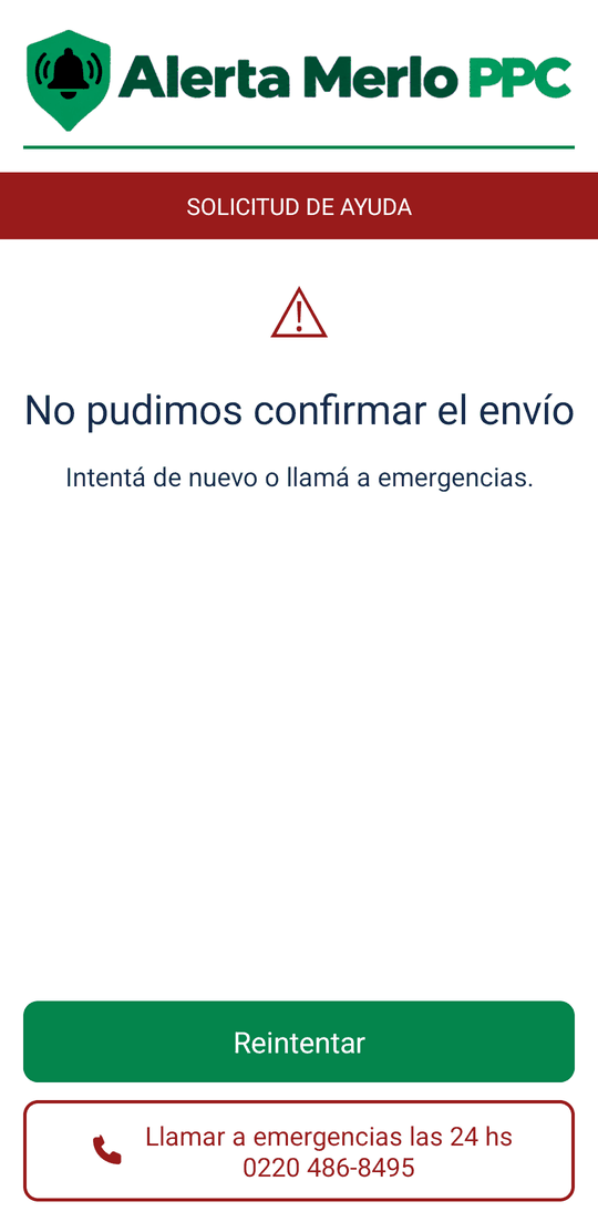 Pantalla No pudimos confirmar el envío. Intentá de nuevo o llamá a emergencias, con los botones Reintentar y Llamar a emergencias