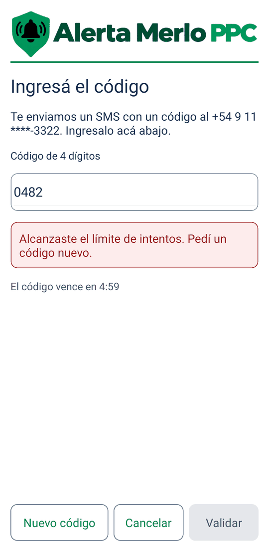 Aviso Alcanzaste el límite de intentos. Pedí un código nuevo.
